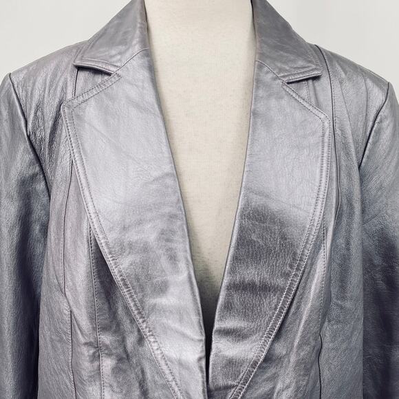Vintage Y2k Metallic Leather Blazer Jacket Collared Silver Purple Lilac 1X 16W - Picture 2 of 12